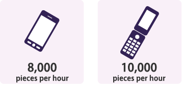 In case of general smart phone cover, the coating capacity of Line Dancer is about 8,000 pieces per hour.  In case of conventional mobile phone (folding type), it is more than 10,000 pieces per hour.